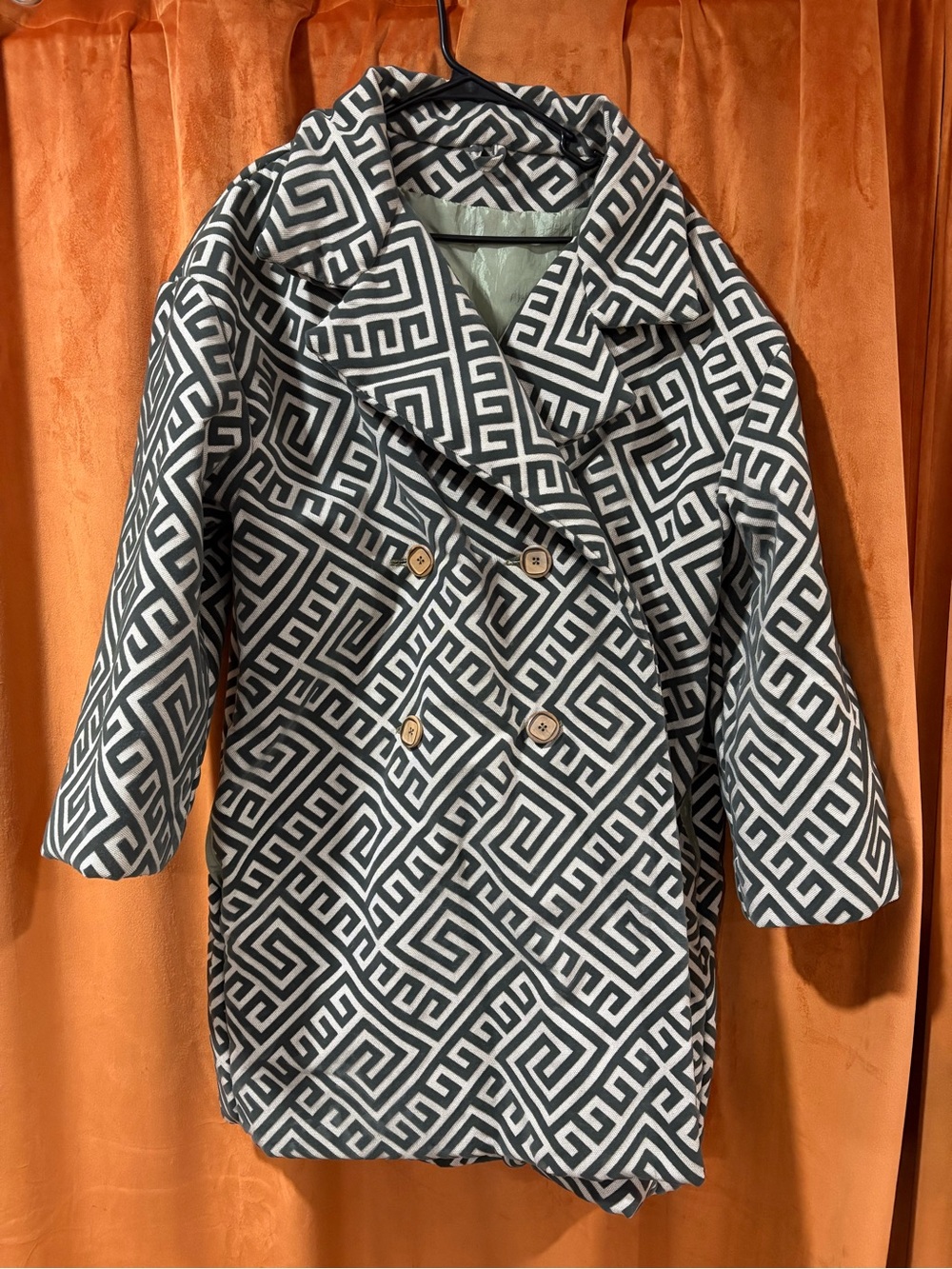Custom Made Geometric Double-Breasted Women's Coat in Sage Green and Cream